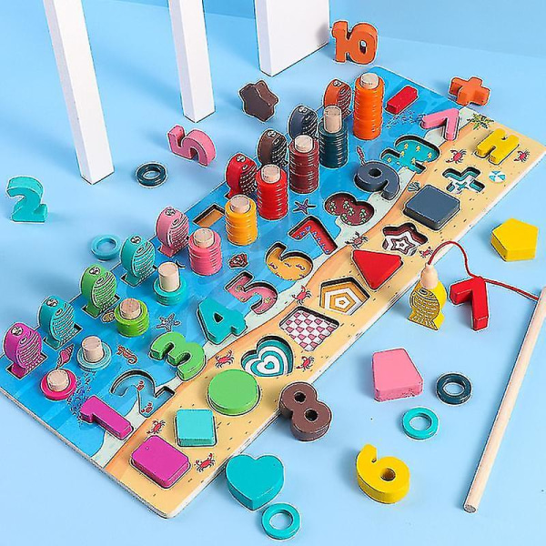 Magnetiske træpuslespil til småbørn, 5-i-1 farve alfabetform Nummersortering Fiskelegetøj, pædagogisk