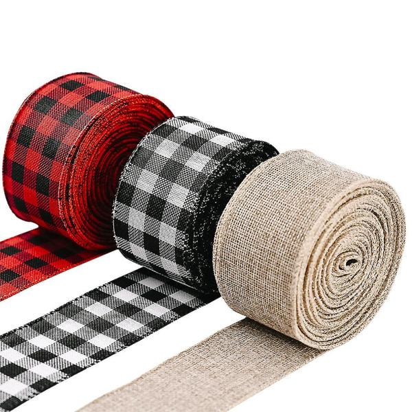 3 stk. 5 cm jule plaid bånd Gingham indpakningsbånd med spole til juledekoration Gaveindpakning Festdekoration