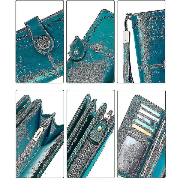 Rfid-beskyttende lærlommebok med stor kapasitet med armbånd, tredobbel dobbel glidelås (påfuglblå)