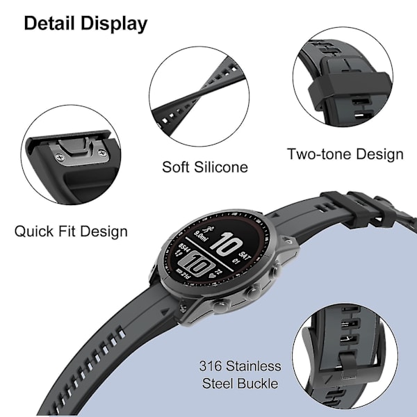 Rem til Garmin Fenix ​​6x, lettilpasning af bløde silikonebånd Udskiftning til Fenix ​​7x/fenix 6x Pro/fenix 5x/fenix 5x Plus/descent Mk2 Red Black
