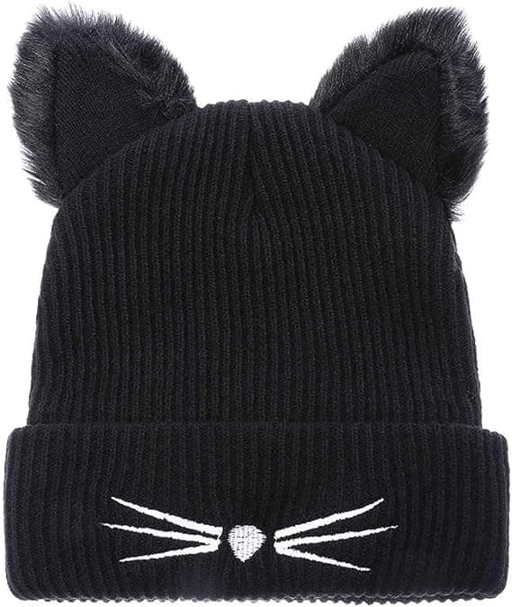 Dam flickor kattöron mössa vinter varm stickad skidmössa Black