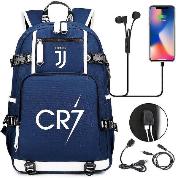Jalkapallotähti Juventus C Luo USB kuulokkeet Koululaukku Miesten ja Naisten casual matka-olkareppu Style 2