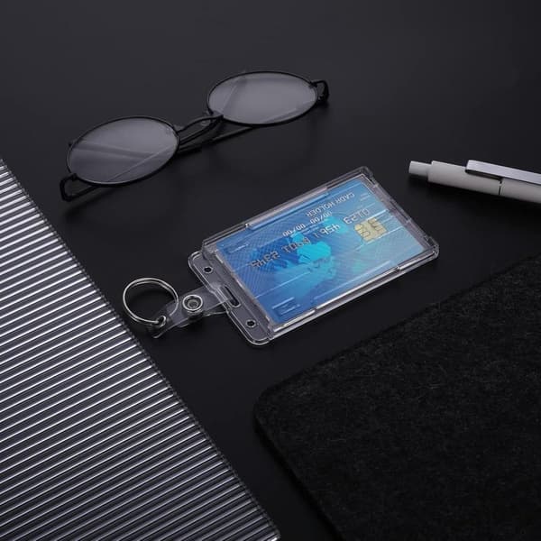 ID Card Holder with Keychain 2-Pack Durable Transparent Card Protectors Thumb Grip Vertical