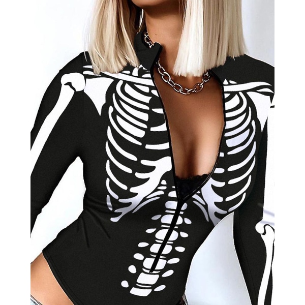 Kvinner Topp Romper V-hals hodeskaller Slank Uformell Halloween Skjeletttrykk Glidelås foran Langermet Body Sexy Bodysuits L