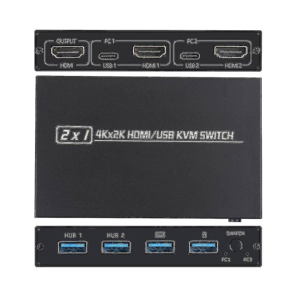 2 Port Hdmi Usb Kvm 4k Switch Splitter til delt skærm tastatur og mus Adaptiv