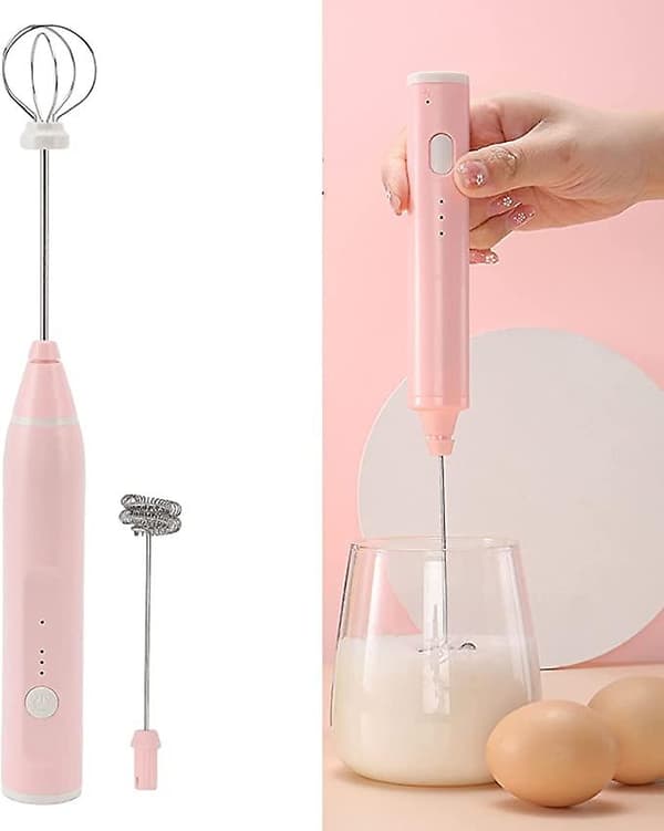 Mini håndholdt elektrisk skumvisp, multifunksjonell elektrisk visp, elektrisk eggevisp, kaffeskummer med 2 eggevisphoder for kaffe (rosa)