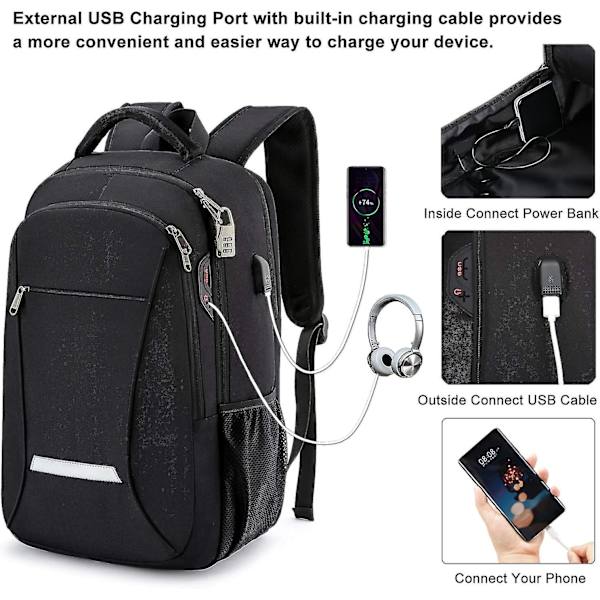 Reppu miehille - Matkareppu kannettavalle tietokoneelle, jossa USB lataus/kuulokeliitäntä - Heavy Duty -vedenkestävä College-reppu - sopii 15" kannettaviin tietokoneisiin