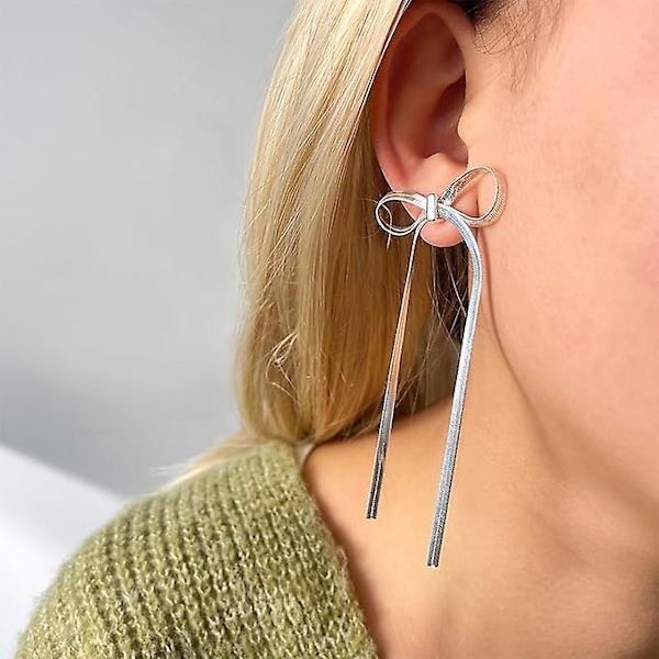 Rosett örhängen för kvinnor, guld Silver rosett Dingla Drop örhängen Lång tofs kedja Rosett knut örhängen för bröllop Trendig smycken present Silver 1Pair