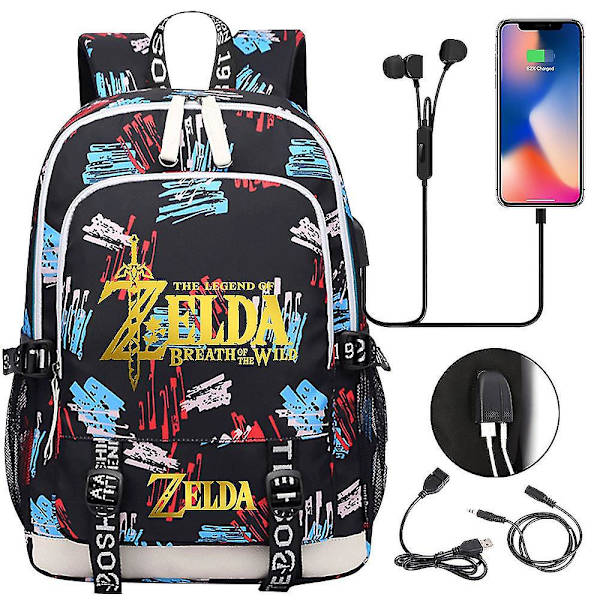 Zelda Usb Port Laptop Rygsæk, Skolebogstasker, Fans Travel Casual Computertaske, Gave 8