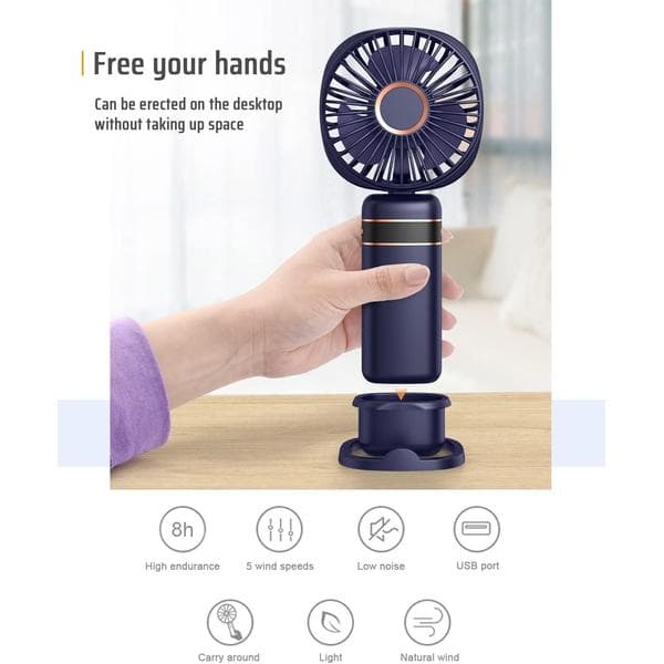 Mini Håndholdt Ventilator, Bærbar USB Håndventilator, Genopladelige Ventilatorer 5 Hastigheder Sammenklappelig Håndventilator med Base Deep Blue