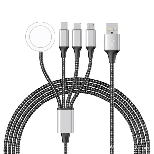 USB-datakaapeli Apple Watchille, 4-in-1 nailonpunottu kaapeli, USB C/Micro-portti/iPhone/Android-yhteensopiva