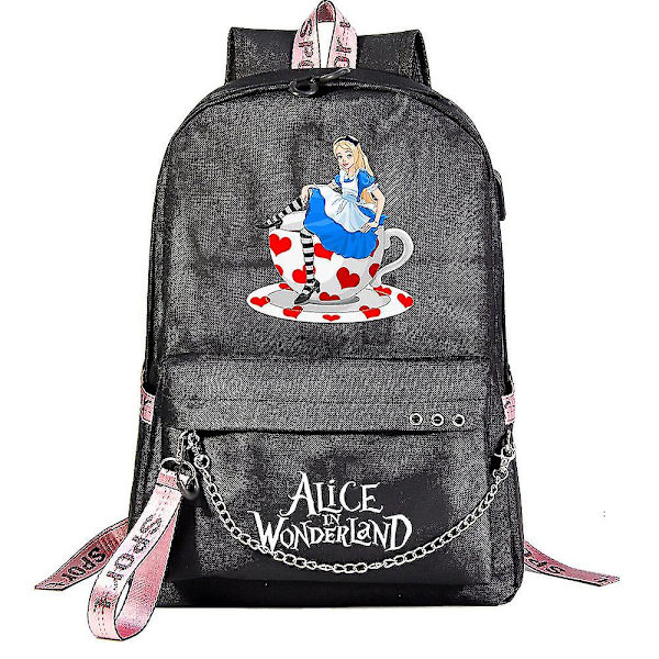 Alice In Wonderland Ryggsäck För Pojkar Flickor Barn Skolboksväskor Med USB kedja, Canvas Laptopväska för män väska Packsäck Bokväska För Dam 8