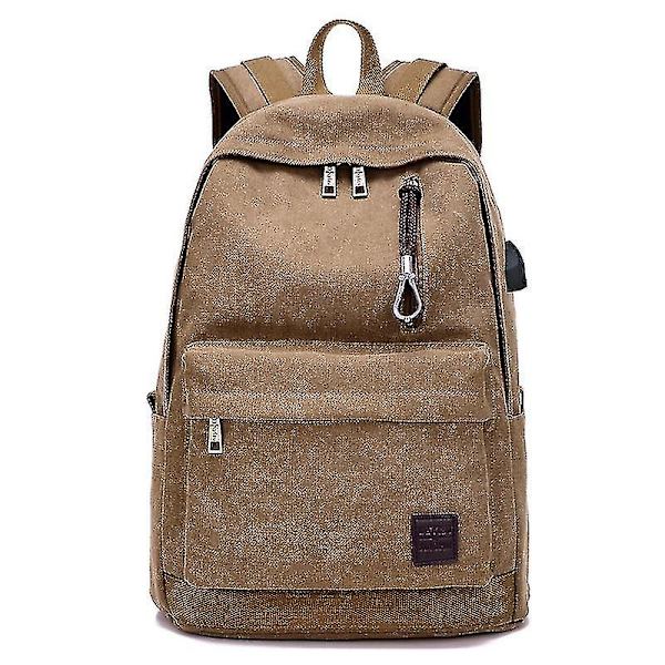 Ryggsäck Herr USB Laddning Retro Canvas Hörlurar Hål Resor Sport Casual Multifunktionell Ryggsäck Coffee
