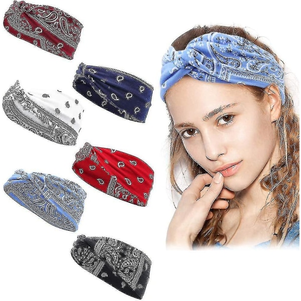 6 kpl päänauhat - Paisley Bandana naisten päänauha, Lmell elastinen puuvillaturbaani leveä