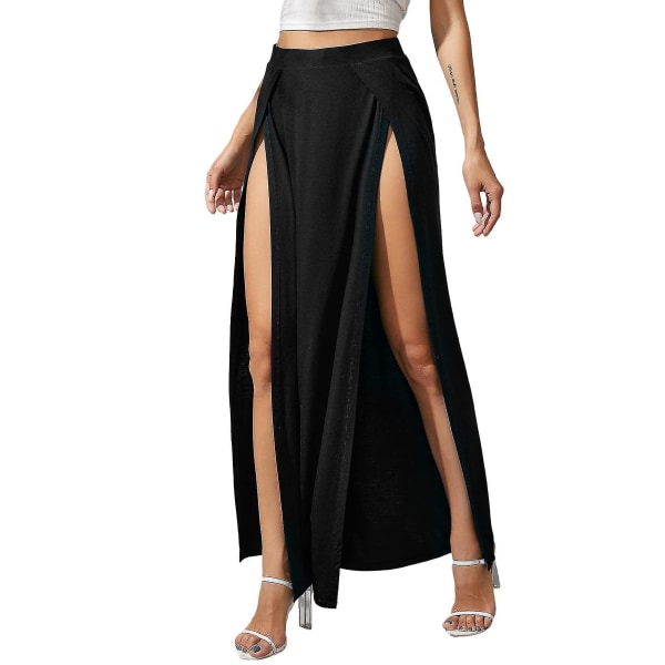 Dam lång dubbelsplit hög midja Dam Vanlig Jersey Stretch Två sidor Slit Maxikjol Black 2XL