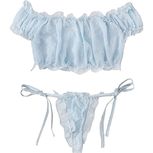 Naisten itsesidottu laskostettu jacquard- mesh - set seksikäs rintaliivit ja pikkuhousut