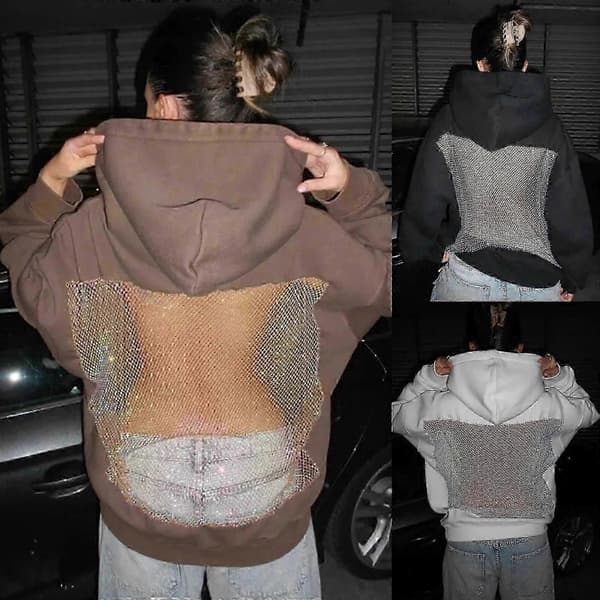 Dame Oversized Sweatshirts Krystal Mesh Ryg Hættetrøje Mode Pullover Hættetrøje med