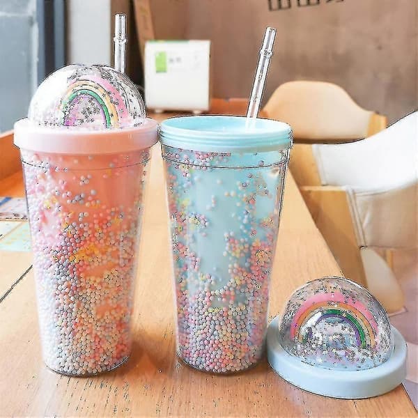 550ml Regnbåge Plast Vattenflaska Dubbla Lager Paljetter Drickskopp Med Sugrör Kvinnor Flicka Gåva Pink
