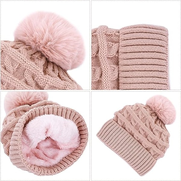 Bobble-hattu naisille Talvipipohatut Thermal fleecevuorattu hattu Naisten neulotut villahatut tekoturkisella Pom Pom Pink