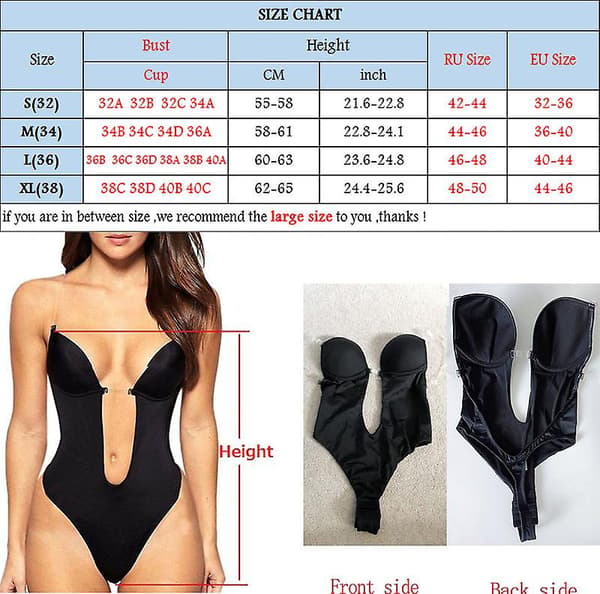 Kvinnlig Kroppsshaper Slips Rygglös BH T-string Midjetränare U-ringad Underklänning Shapewear Black L