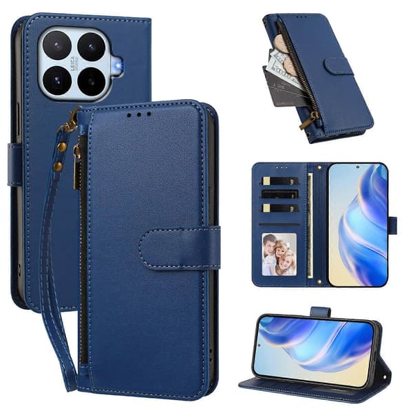 PU-läder plånboksfodral med blixtlåsficka och handledsrem för Xiaomi 17T blue