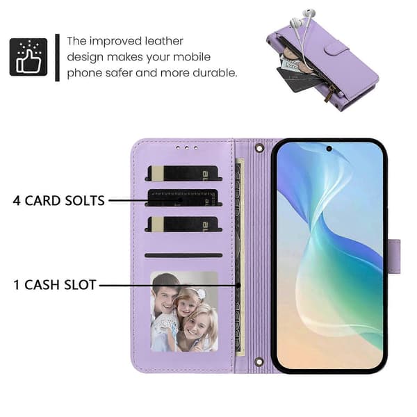 PU-läder plånboksfodral med blixtlåsficka och handledsrem för TCL K70 SE light purple