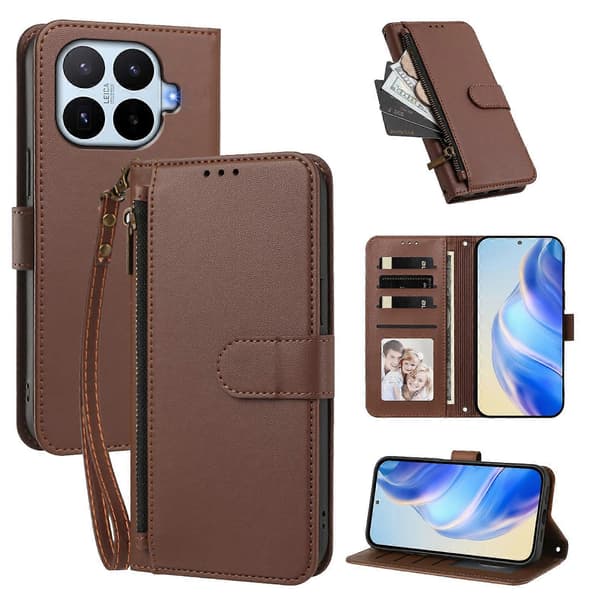 PU-läder plånboksfodral med blixtlåsficka och handledsrem för Xiaomi 17T brown
