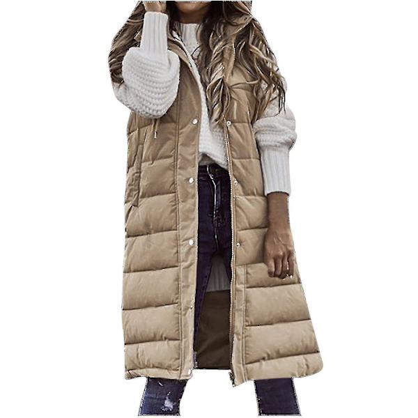 Ensfarget hette for kvinner, mellomlang, polstret vest, ermeløs lommejakke Beige M