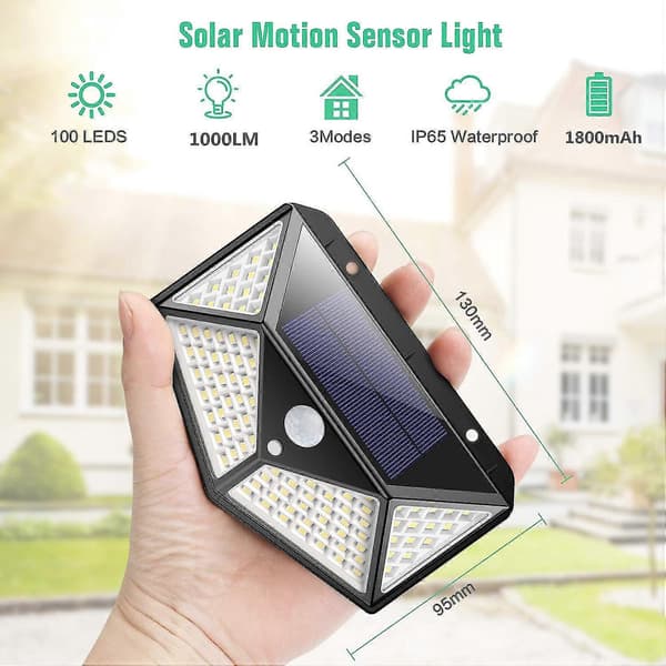 Solcellelamper for utendørs bruk, 270 firesidig belysning - 2200mah 100 LED solcellelys med bevegelse - 2-pakning