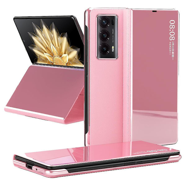 Mirror Surface Anti-dropp phone case för Honor Magic V2 5g Pc View Window Flip Cover med stativ Pink