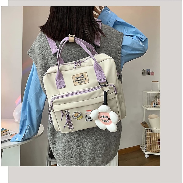 Søde rygsække til teenagepiger: Æstetisk japansk Anime Kawaii-rygsæk, funktionel skoletaske, vandtæt rejsetaske, bærbar taske (hvid).