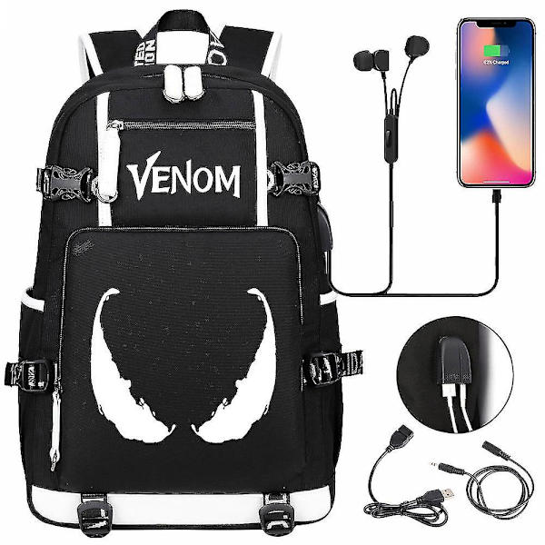 3D Print Venom USB kannettava reppu nuorille, opiskelijoille miehille ja naisille, iso matkalaukku