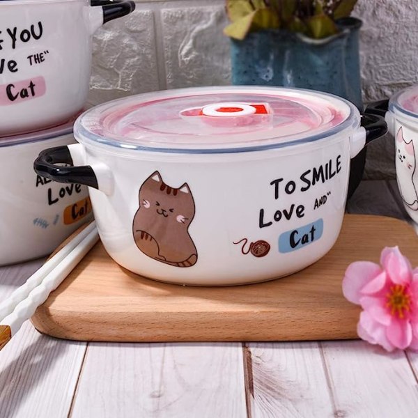 Mikroaaltouunissa keraaminen keittokulho kannella ja kahvoilla, söpö sarjakuva kissan murokulho keiton pikanuudeliin (ruskea)