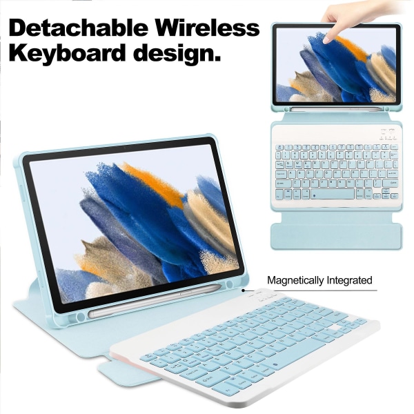 Tablettaske til Samsung Galaxy Tab A9+, med Bluetooth-tastatur Roterende Stand Pu+acrylcover Sky Blue