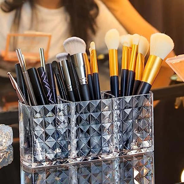 Klar blyantholder 3 rum makeup børsteholder Kosmetiske børster Opbevaringskrukke til kontor soveværelse badeværelse organiseringstilbehør
