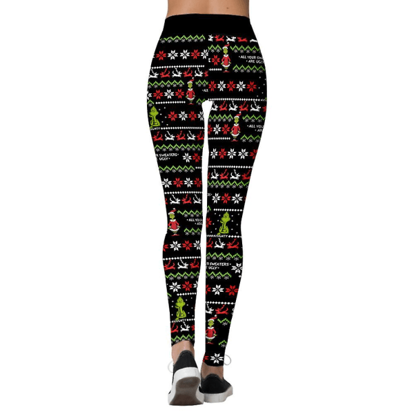 Jul Kvinner Leggings med høy midje Stripet The Grinch Snowflake Printed Stretch Skinny Pants Julegave B S