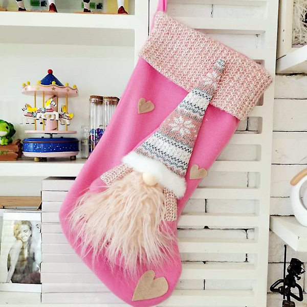 (45*23cm)pink Julestrømpe Gnome Tomte Dværg Svensk Julemand Strømpe til juletræspynt Pejs Hængende Julefest Dekoration