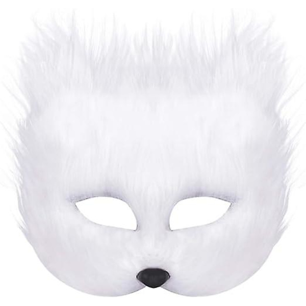 Plush Cat Fox Mask, Therian Masker, Realistiska kattmasker, Halv Face Animal Mask, Furry Party Cat Mask Masquerade Mask, Cosplay kostym White