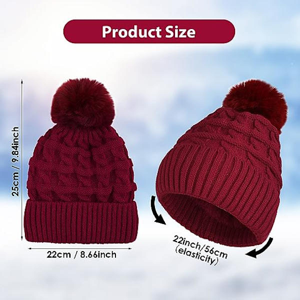 Bobble Hat til Kvinder Vinter Hue Hatte Termisk Fleece Foret Hat Dame Strikket Uld Hatte med Faux Fur Pom Pom Red