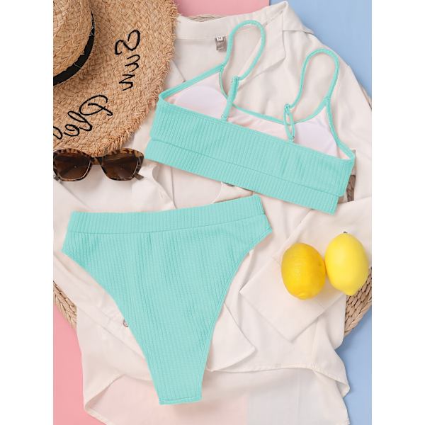 Kvinnor med hög midja Ribbad Cami Bikini Set Mintblå L-US12