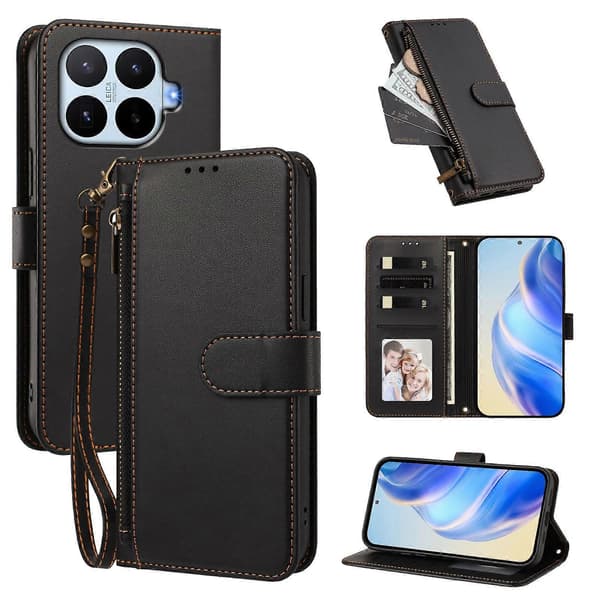 PU-läder plånboksfodral med blixtlåsficka och handledsrem för Xiaomi 17T black