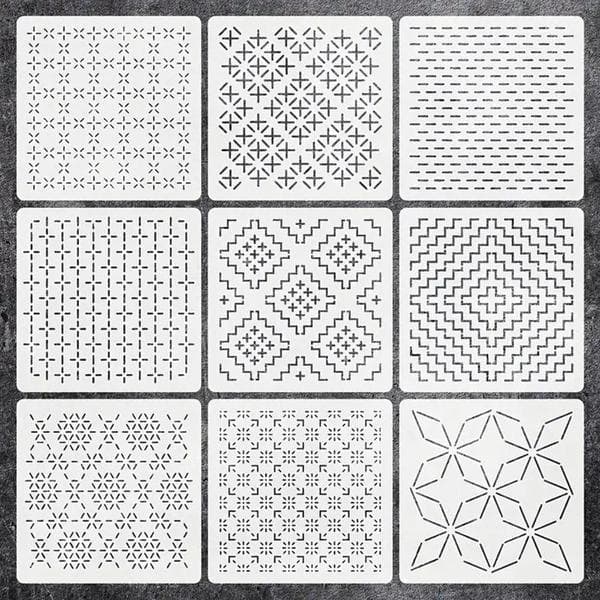 9/32 stk Sashiko broderiskabelon DIY Geometrisk patchwork sæt 9 stk 9Pcs
