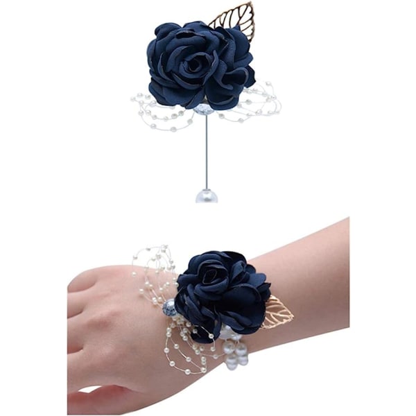Rose Bryllup håndledd Corsage og Boutonniere Sett Party Prom Håndbånd Blomsterdress dekor (mørk blå)