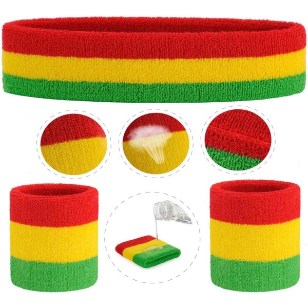 Set (3 delar) Sportpannband Handled Randiga svettband Armband Atletisk och pannband Fuktavledande svettabsorberande pannband Red/Yellow/Green