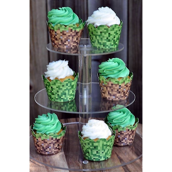 Minecraft Tema Cupcake Wraps Fødselsdagsfest Sæt med 24 Reversible Ingeniør Græs og Grøn Pixel Cupcake Wraps, 2024 Ping