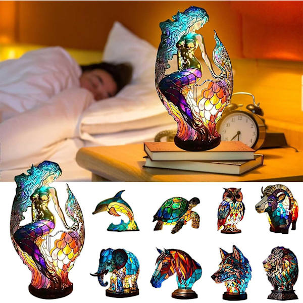 Eläinten pöytälamppusarja, retropöytävalaisin, lasimaalaus Animal Print -pöytävalaisin, vintage Animals -pöytälamppu kodin koristeet mermaid
