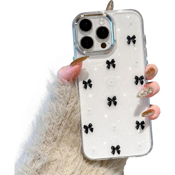 Skal för iPhone 15 Pro Max, Bling Glitter 3D Rosett Mobilskal Sött Glittrigt Kristallklart Rosett Slim Mjukt Tåligt Skyddande Fodral Svart Black iPhone 15 Pro Max