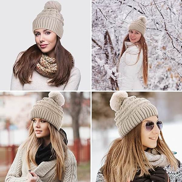 Bobble-hattu naisille Talvipipohatut Thermal fleecevuorattu hattu Naisten neulotut villahatut tekoturkisella Pom Pom Beige