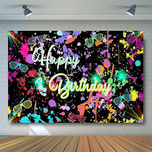 Neon syntymäpäiväjuhlien tausta 7x5 jalkaa hehkuu pimeässä Graffiti Splatter Happy Birthday Party Banner -tausta Lets Glow Dance Syntymäpäivädeco