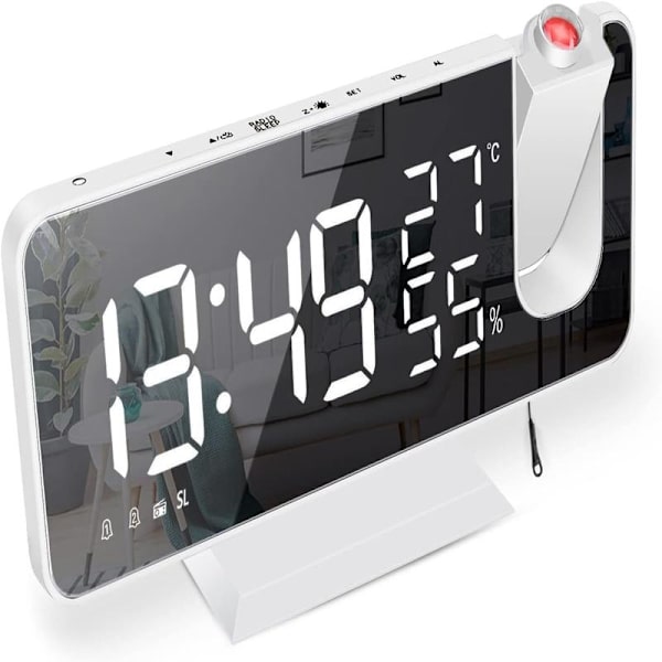 Projector Alarm Clock, Clock Radio with Temperature, Humidity, 7.5 Inch Mirror LED Display, with Automatic Dimming Function, (White)